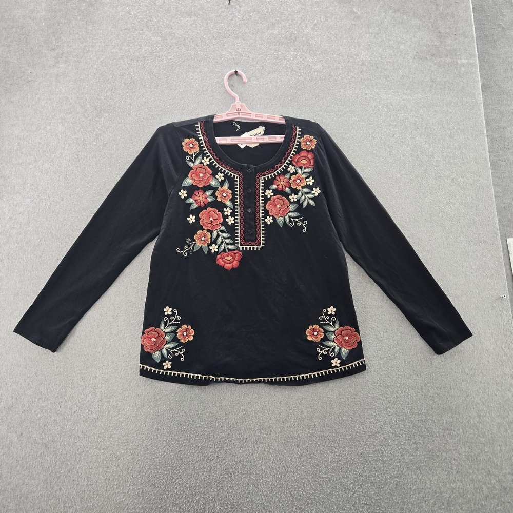 Savanna Jane Women Blouse S Black Floral Button Embroidery Boho